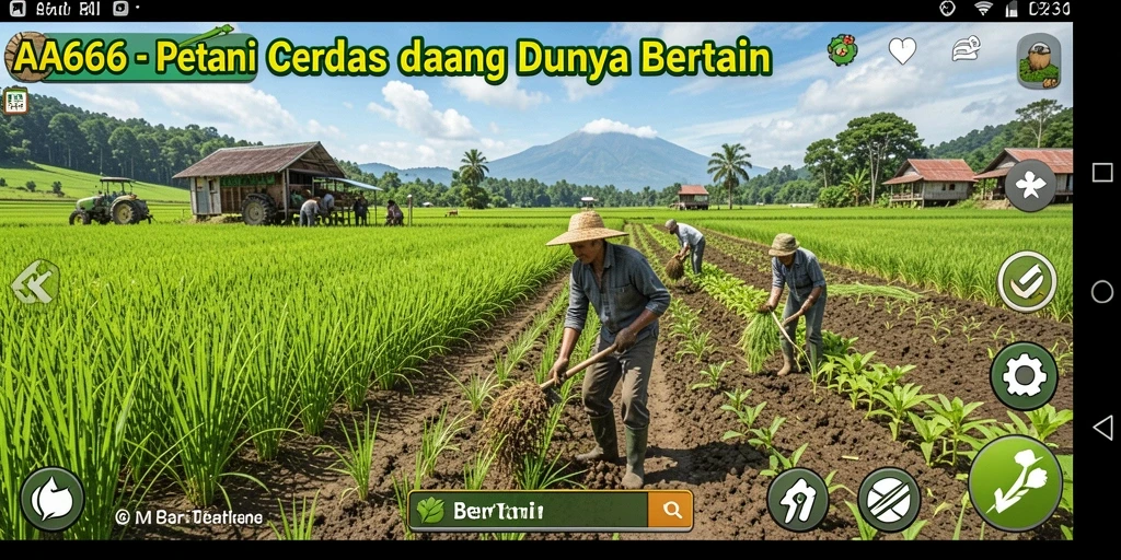 Screenshot antarmuka utama AA666 yang menampilkan ladang bertani yang subur.