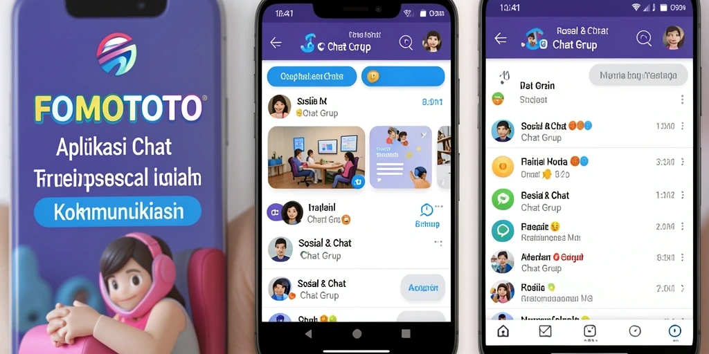 Antarmuka aplikasi FOMOTOTO yang menarik untuk chat grup.